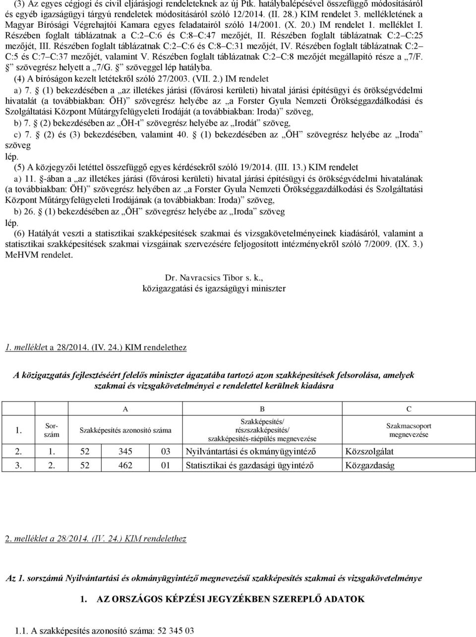 Részében foglalt táblázatnak a C:2 C:6 és C:8 C:47 mezőjét, II. Részében foglalt táblázatnak C:2 C:25 mezőjét, III. Részében foglalt táblázatnak C:2 C:6 és C:8 C:31 mezőjét, IV.