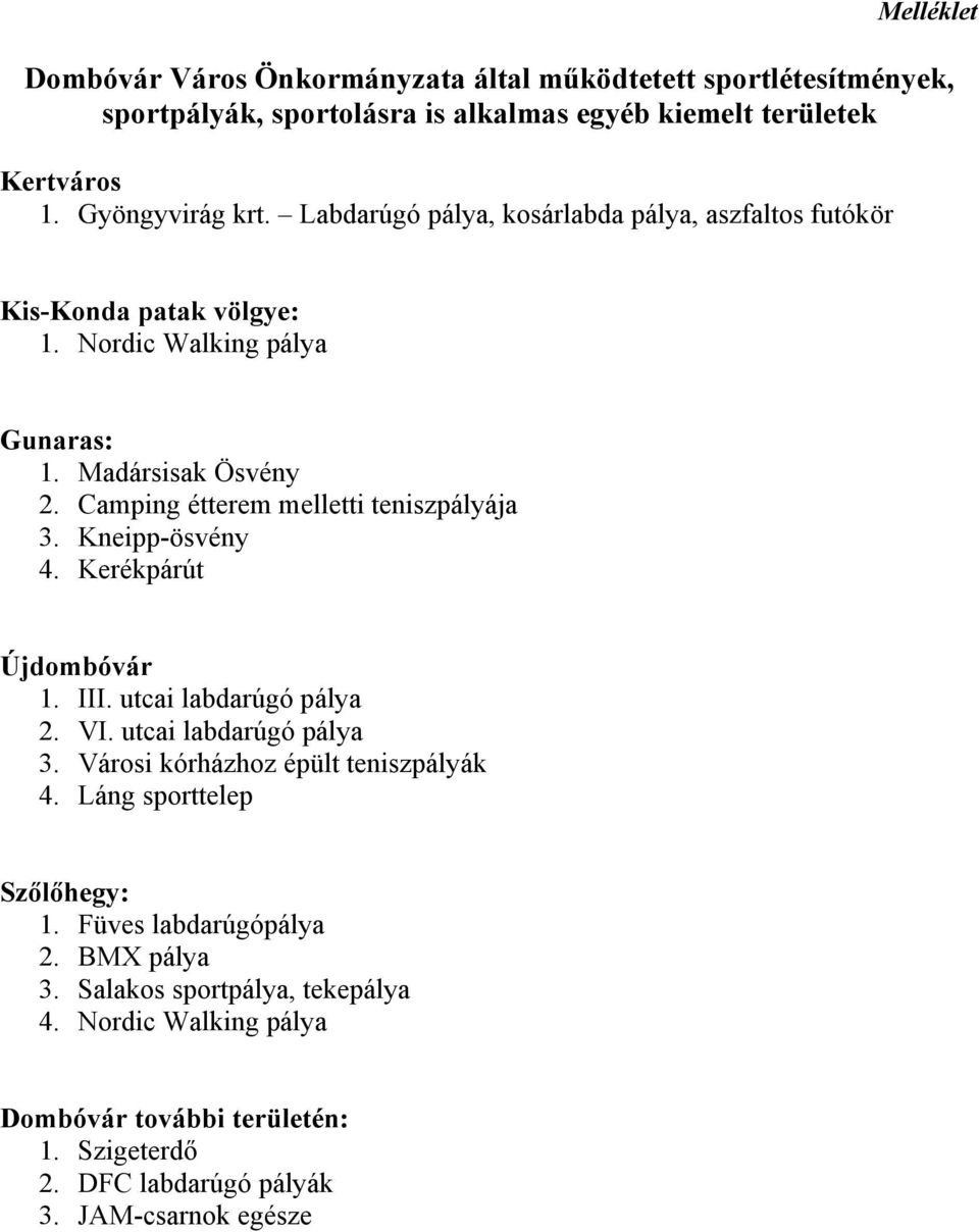 Camping étterem melletti teniszpályája 3. Kneipp-ösvény 4. Kerékpárút Újdombóvár 1. III. utcai labdarúgó pálya 2. VI. utcai labdarúgó pálya 3.
