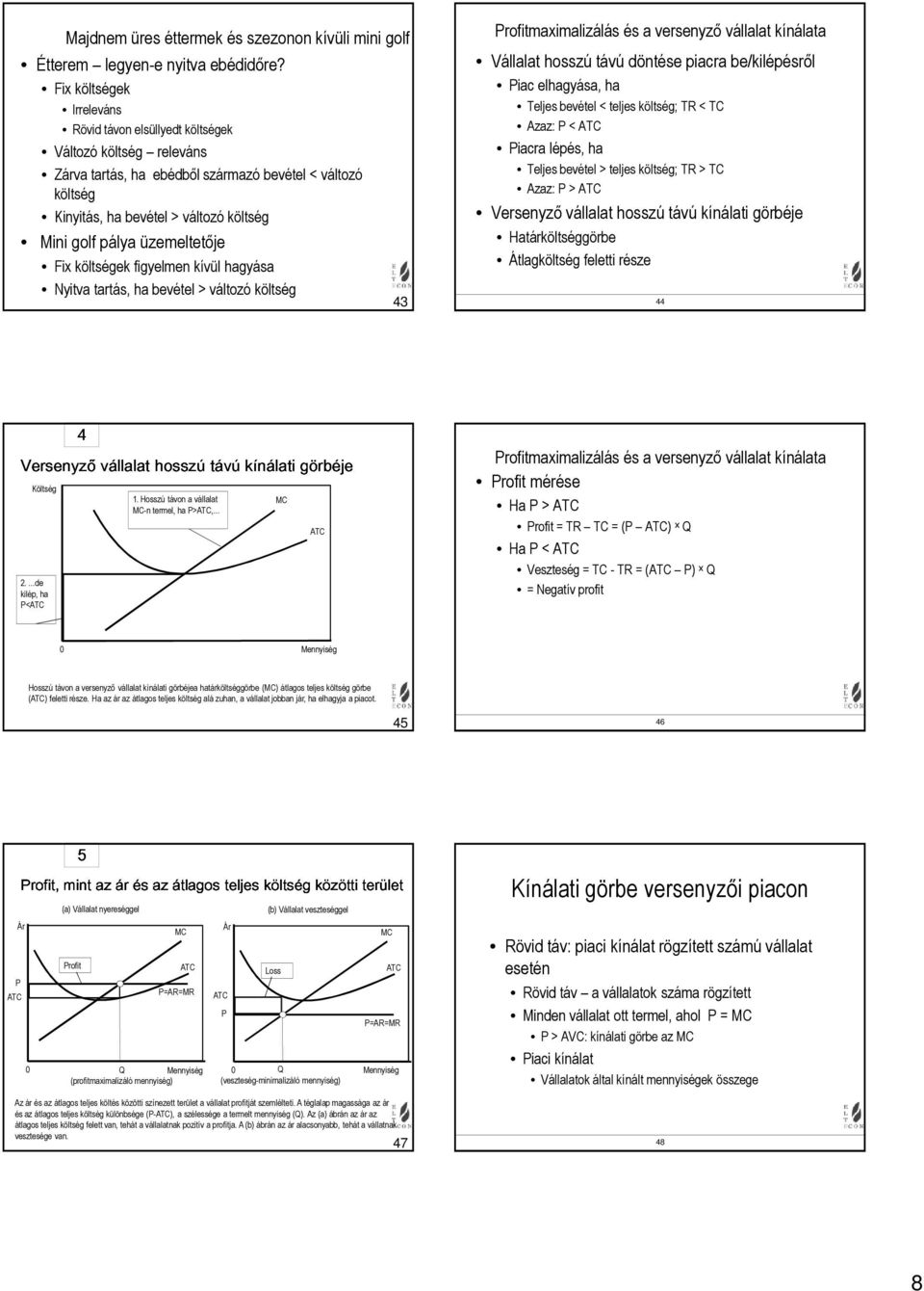 üzemeltetője Fix költségek figyelmen kívül hagyása Nyitva tartás, ha bevétel > változó költség Versenyző vállalat hosszú távú kínálati görbéje Költség 1. Hosszú távon a vállalat.