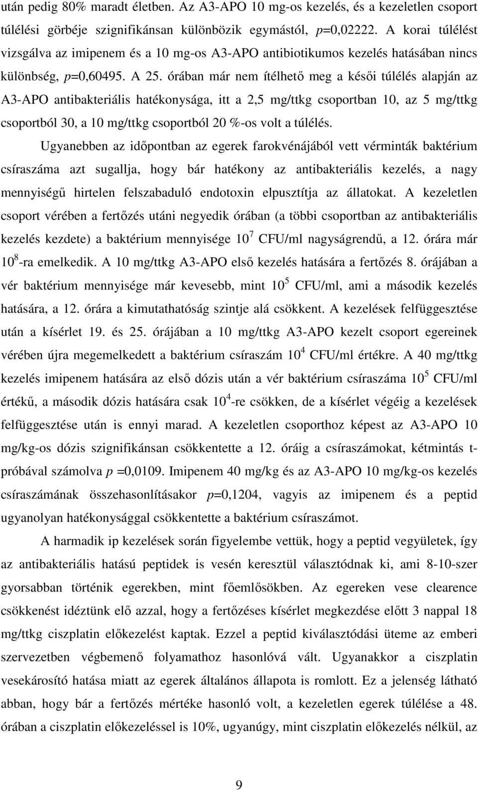 órában már nem ítélhető meg a késői túlélés alapján az A3-APO antibakteriális hatékonysága, itt a 2,5 mg/ttkg csoportban 10, az 5 mg/ttkg csoportból 30, a 10 mg/ttkg csoportból 20 %-os volt a túlélés.