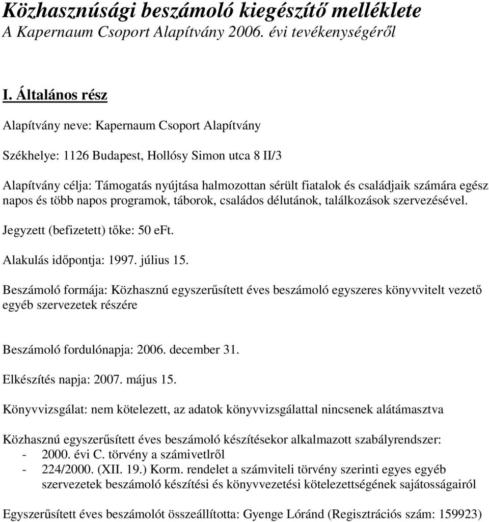 egész napos és több napos programok, táborok, családos délutánok, találkozások szervezésével. Jegyzett (befizetett) tőke: 50 eft. Alakulás időpontja: 1997. július 15.