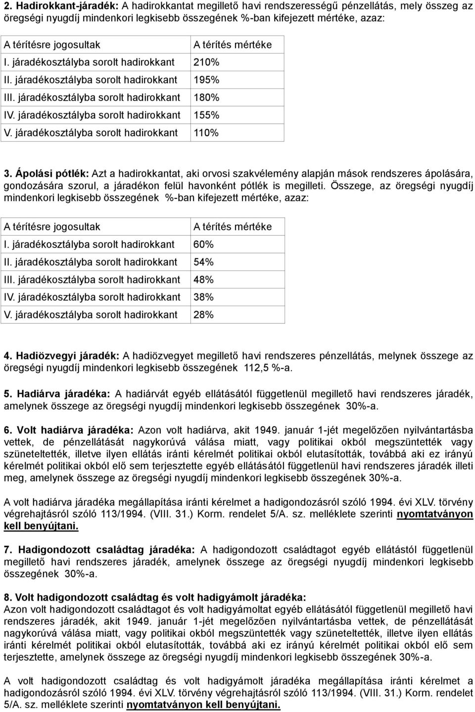 járadékosztályba sorolt hadirokkant 110% 3.