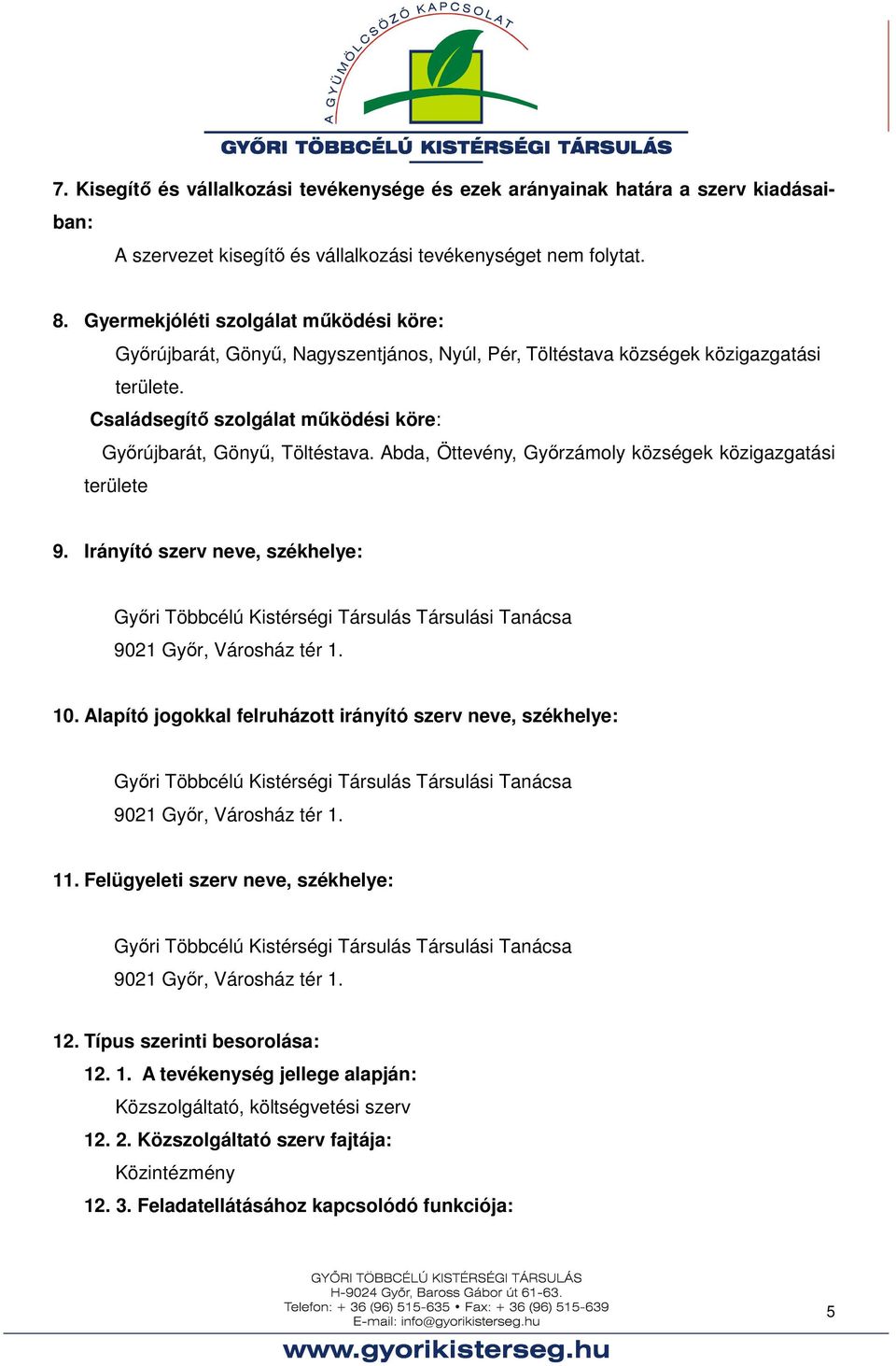 Abda, Öttevény, Győrzámoly községek közigazgatási területe 9. Irányító szerv neve, székhelye: Győri Többcélú Kistérségi Társulás Társulási Tanácsa 9021 Győr, Városház tér 1. 10.