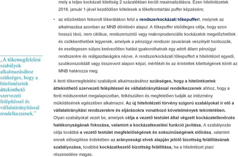 vállalatirányítással rendelkezzenek. az előzőekben felsorolt tőkerátákon felül a rendszerkockázati tőkepuffert, melynek az alkalmazása azonban az MNB döntésén alapul.