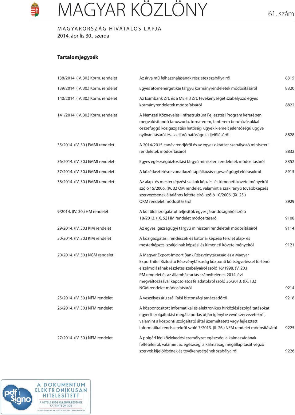 és a MEHIB Zrt. tevékenységét szabályozó egyes kormányrendeletek módosításáról 8822 141/2014. (IV. 30.) Korm.