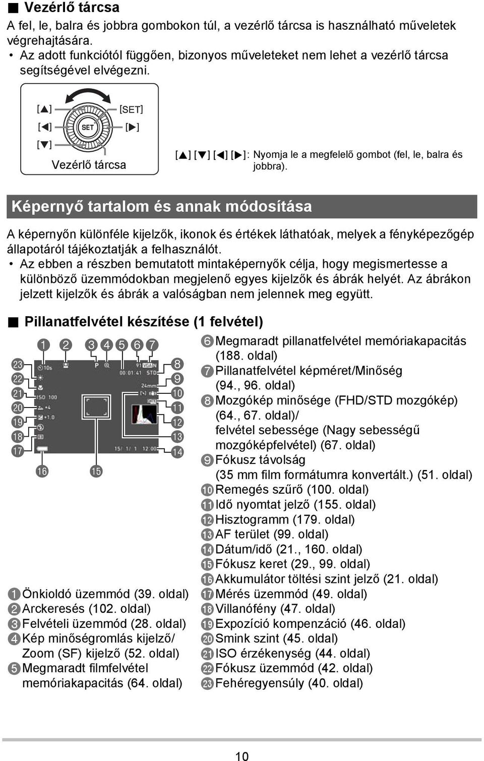 Képernyő tartalom és annak módosítása A képernyőn különféle kijelzők, ikonok és értékek láthatóak, melyek a fényképezőgép állapotáról tájékoztatják a felhasználót.