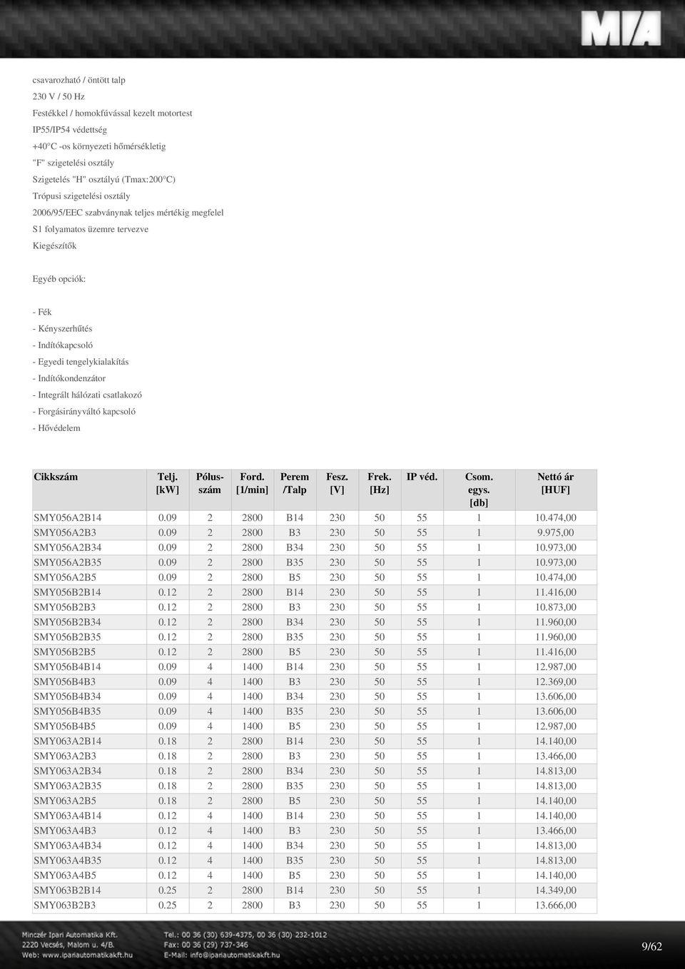 Indítókondenzátor - Integrált hálózati csatlakozó - Forgásirányváltó kapcsoló - Hővédelem Cikkszám Telj. [kw] Pólusszám Ford. [/min] Perem /Talp Fesz. [V] Frek. [Hz] IP véd.
