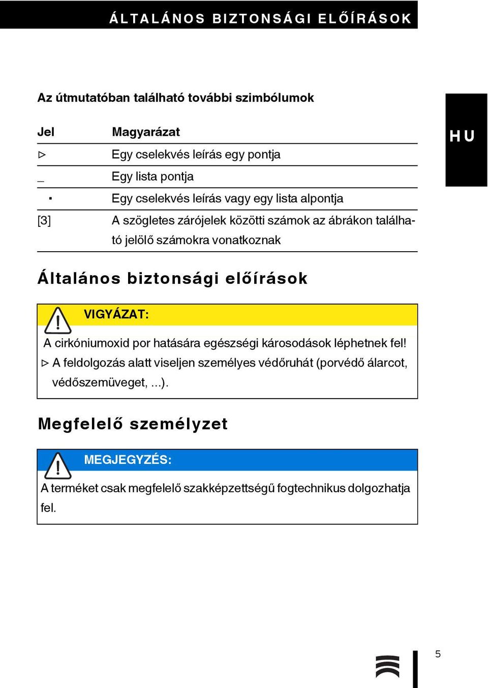 biztonsági előírások VIGYÁZAT: A cirkóniumoxid por hatására egészségi károsodások léphetnek fel!