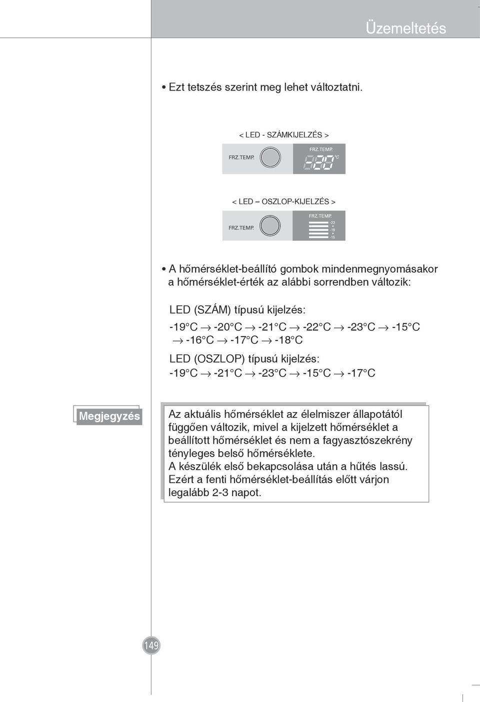 típusú kijelzés: -19 C -20 C -21 C -22 C -23 C -15 C -16 C -17 C -18 C LED (OSZLOP) típusú kijelzés: -19 C -21 C -23 C -15 C -17 C 3 Megjegyzés Az aktuális