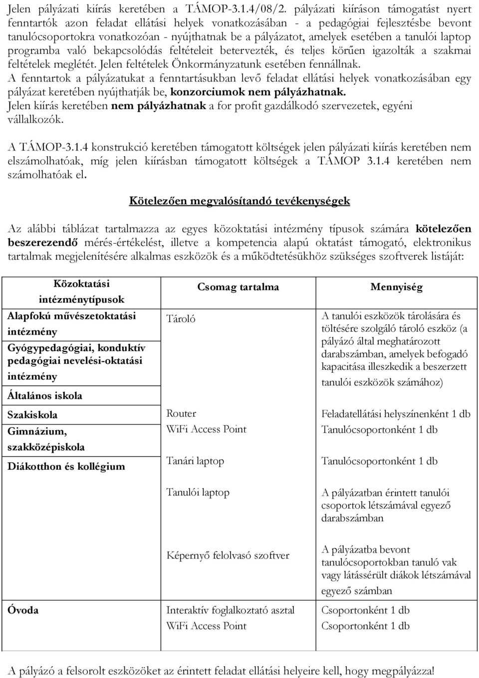 esetében a tanulói laptop programba való bekapcsolódás feltételeit betervezték, és teljes körűen igazolták a szakmai feltételek meglétét. Jelen feltételek Önkormányzatunk esetében fennállnak.