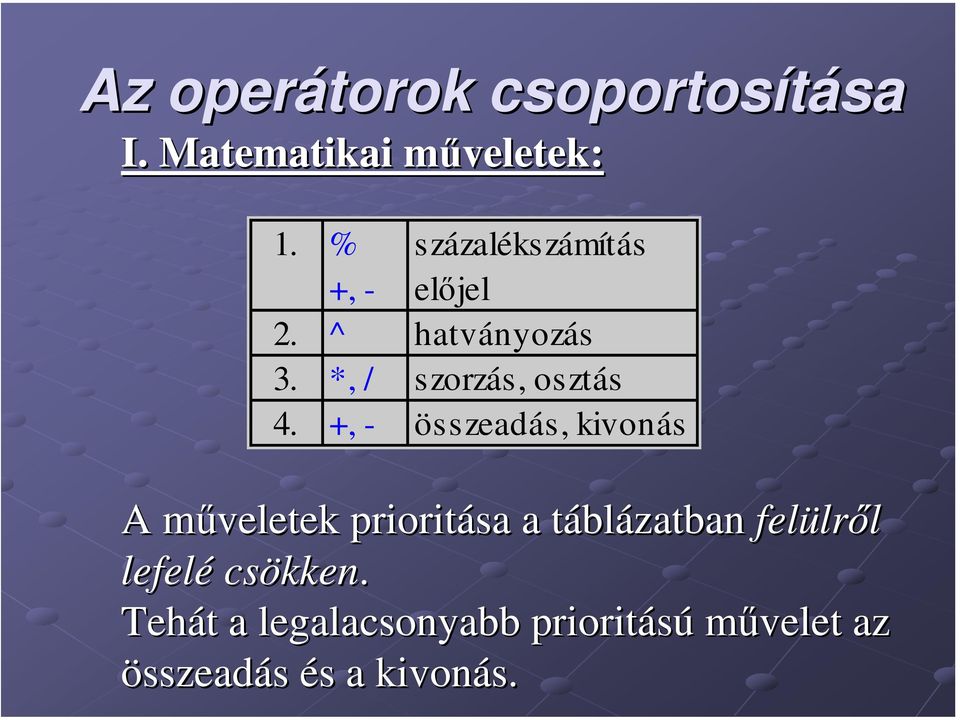 +, - összeadás, kivonás A műveletek m prioritása a táblt blázatban felülr