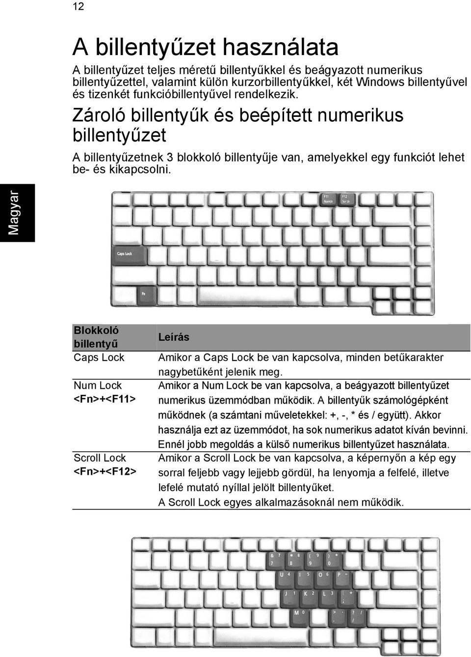 Blokkoló billentyű Caps Lock Num Lock <Fn>+<F11> Scroll Lock <Fn>+<F12> Leírás Amikor a Caps Lock be van kapcsolva, minden betűkarakter nagybetűként jelenik meg.