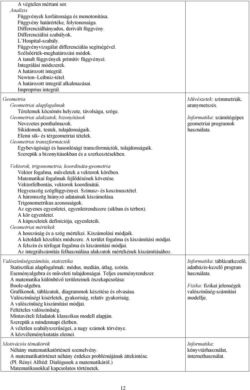 A határozott integrál alkalmazásai. Improprius integrál. Geometria Geometriai alap Térelemek köcsönös helyzete, távolsága, szöge. Geometriai alzatok, bizonyítások Nevezetes ponthalmazok.