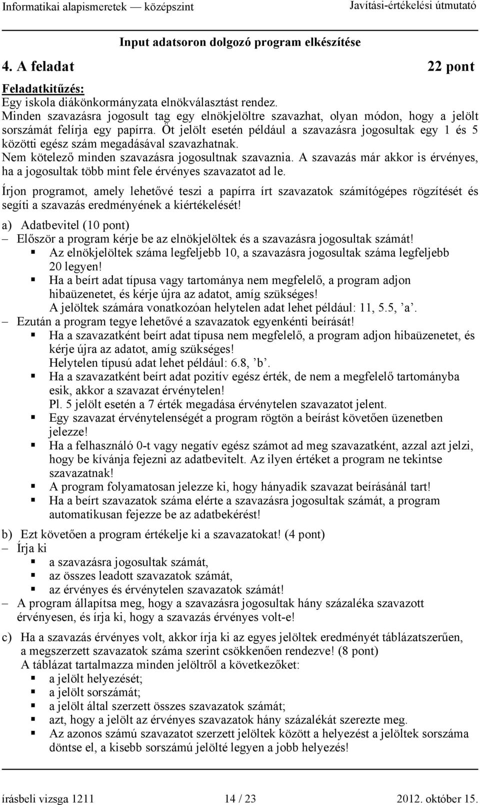 Öt jelölt esetén például a szavazásra jogosultak egy 1 és 5 közötti egész szám megadásával szavazhatnak. Nem kötelező minden szavazásra jogosultnak szavaznia.