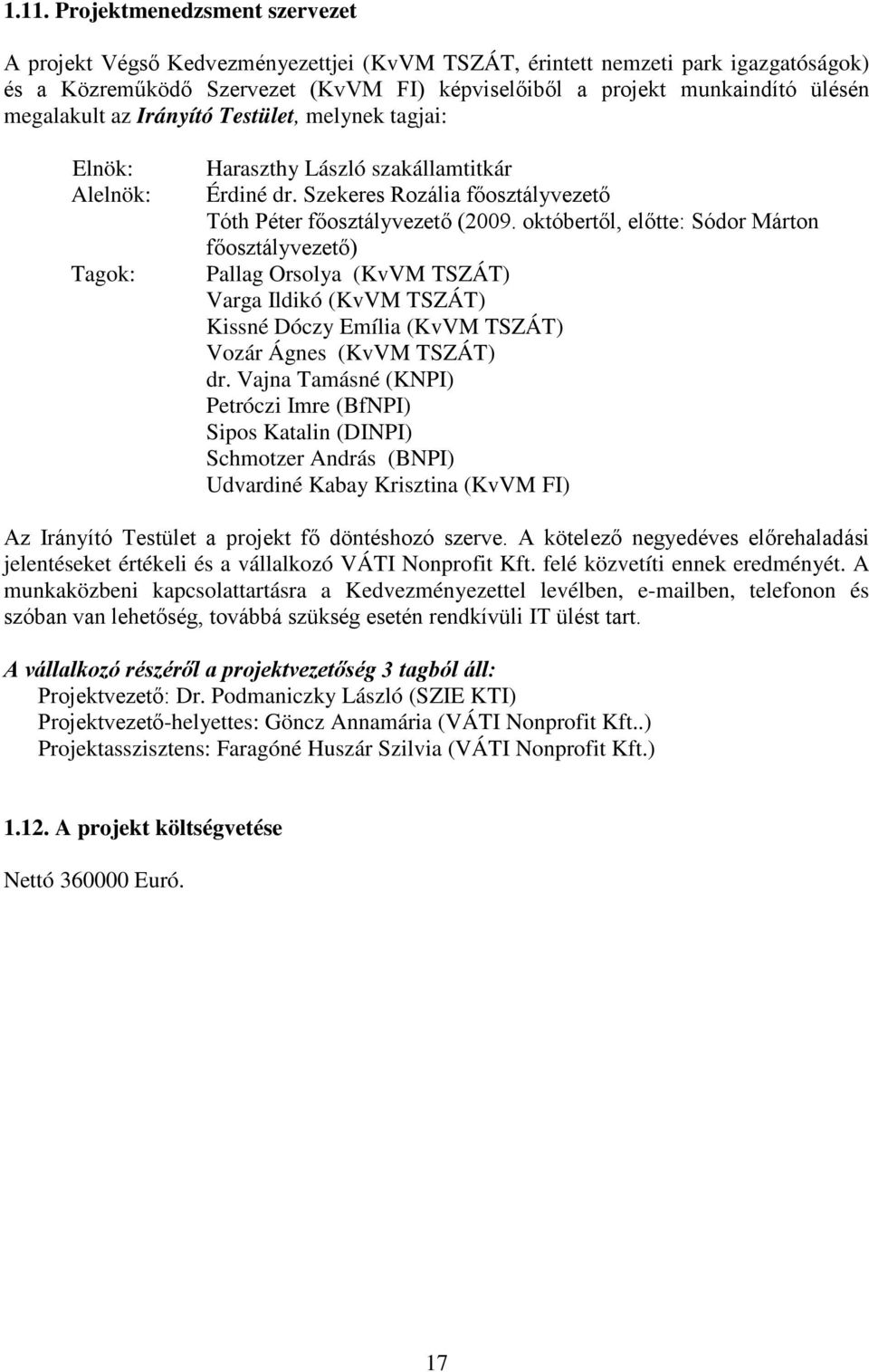 októbertől, előtte: Sódor Márton főosztályvezető) Pallag Orsolya (KvVM TSZÁT) Varga Ildikó (KvVM TSZÁT) Kissné Dóczy Emília (KvVM TSZÁT) Vozár Ágnes (KvVM TSZÁT) dr.