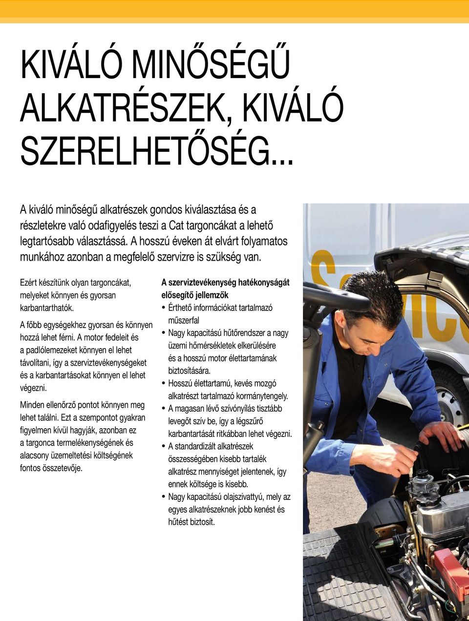 A főbb egységekhez gyorsan és könnyen hozzá lehet férni. A motor fedeleit és a padlólemezeket könnyen el lehet távolítani, így a szerviztevékenységeket és a karbantartásokat könnyen el lehet végezni.