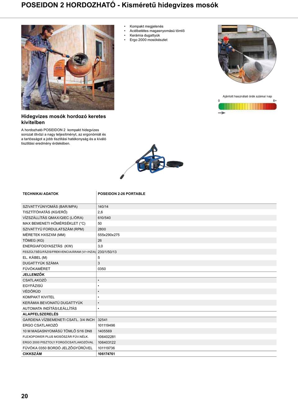 TECHNIKAI ADATOK POSEIDON 2-26 PORTABLE SZIVATTYÚNYOMÁS (BAR/MPA) 140/14 2,6 VÍZSZÁLLÍTÁS QMAX/QIEC (L/ÓRA) 610/540 50 SZIVATTYÚ FORDULATSZÁM (RPM) 2800 555x290x275 TÖMEG (KG) 26 ENERGIAFOGYASZTÁS