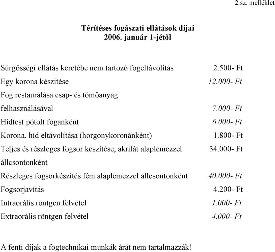 foganként Korona, híd eltávolítása (horgonykoronánként) Teljes és részleges fogsor készítése, akrilát alaplemezzel állcsontonként Részleges fogsorkészítés fém