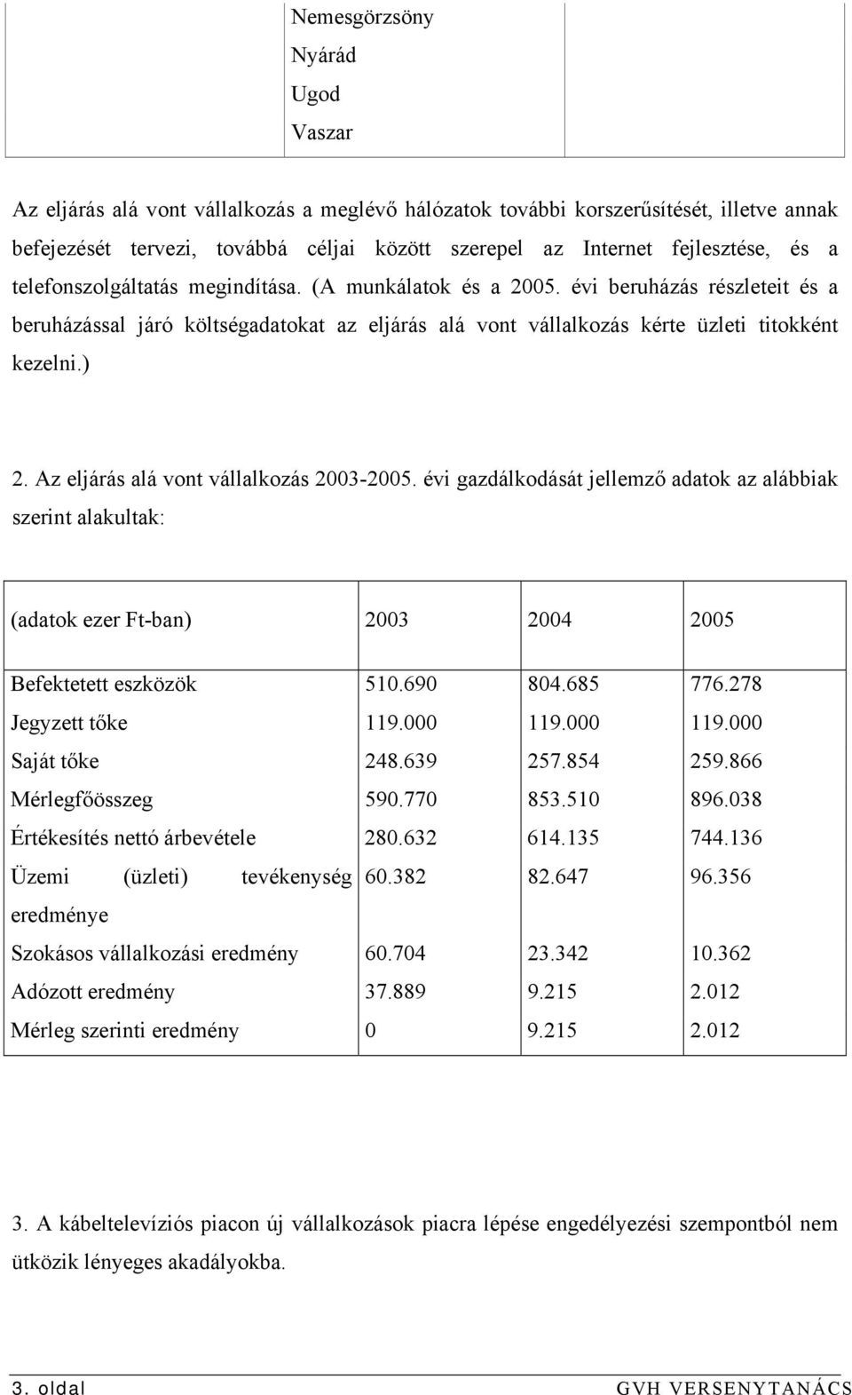 évi beruházás részleteit és a beruházással járó költségadatokat az eljárás alá vont vállalkozás kérte üzleti titokként kezelni.) 2. Az eljárás alá vont vállalkozás 2003-2005.