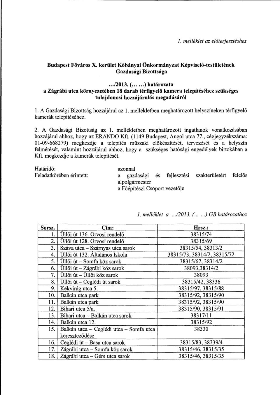 mellékletben meghatározott helyszíneken térfigyelő kamerák telepítéséhez. 2. A Gazdasági Bizottság az l. mellékletben meghatározott ingatlanok vonatkozásában hozzájárul ahhoz, hogy az ERANDO Kft.