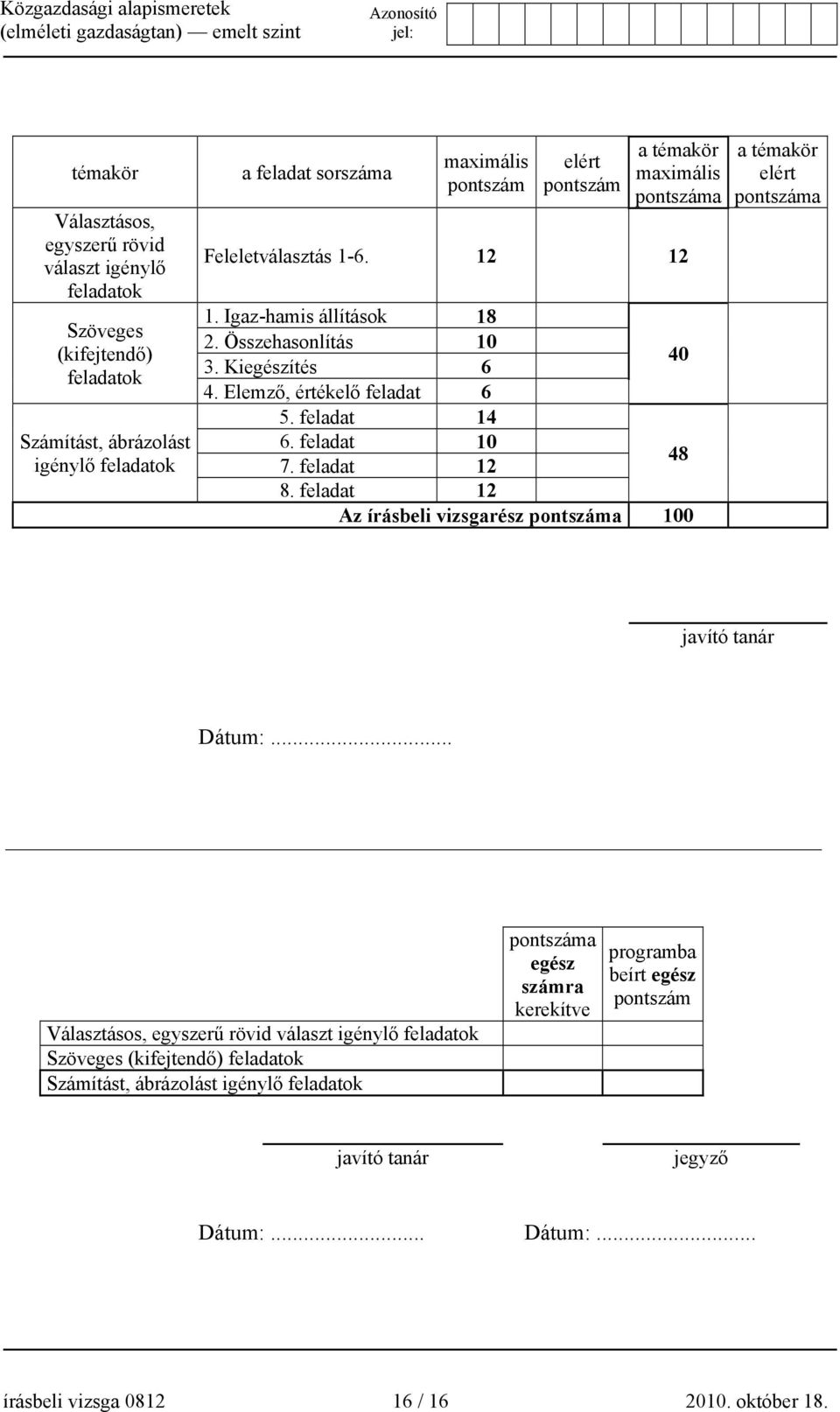 feladat 12 48 8. feladat 12 Az írásbeli vizsgarész pontszáma 100 a témakör elért pontszáma javító tanár Dátum:.