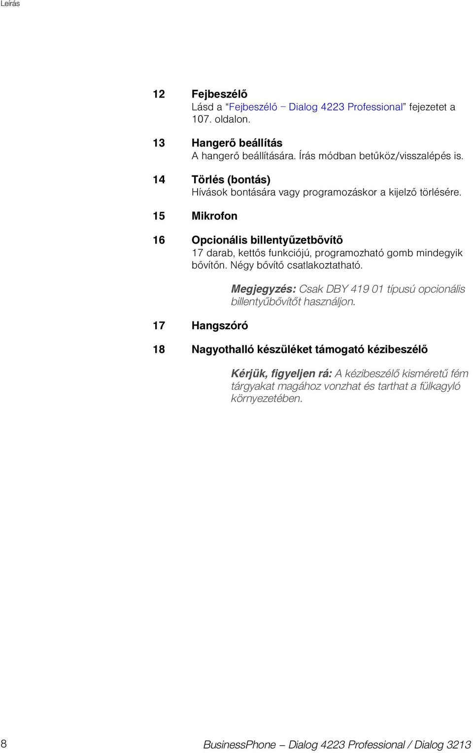 15 Mikrofon 16 Opcionális billentyűzetbővítő 17 darab, kettős funkciójú, programozható gomb mindegyik bővítőn. Négy bővítő csatlakoztatható.