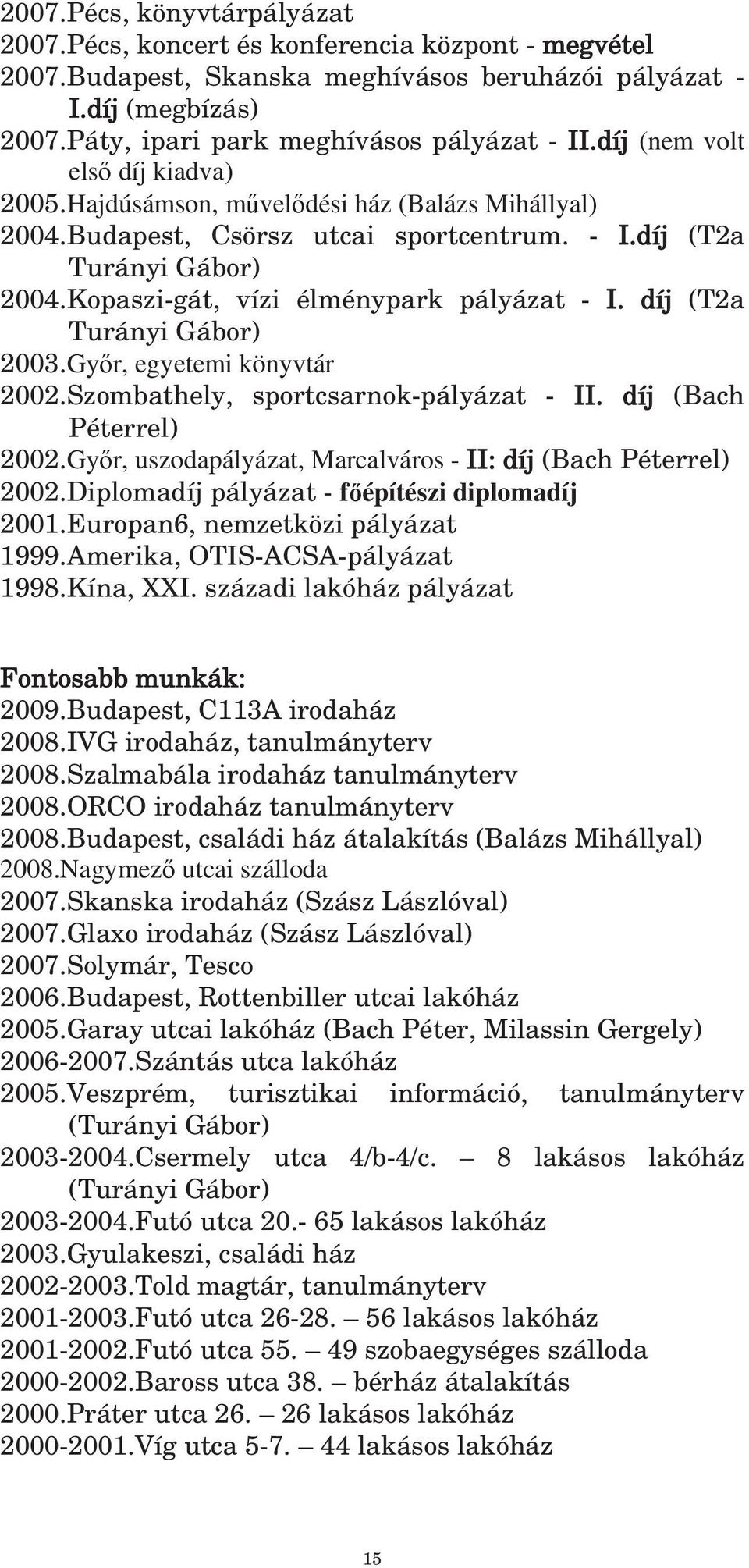 díj (T2a Turányi Gábor) 2003.Gy r, egyetemi könyvtár 2002.Szombathely, sportcsarnok-pályázat - II. díj (Bach Péterrel) 2002.Gy r, uszodapályázat, Marcalváros - II: díj (Bach Péterrel) 2002.