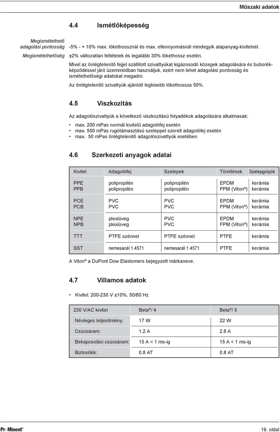 Mivel az önlégtelenítő fejjel szállított szivattyúkat kigázosodó közegek adagolására és buborékképződéssel járó üzemmódban használjuk, ezért nem lehet adagolási pontosság és ismételhetőségi adatokat