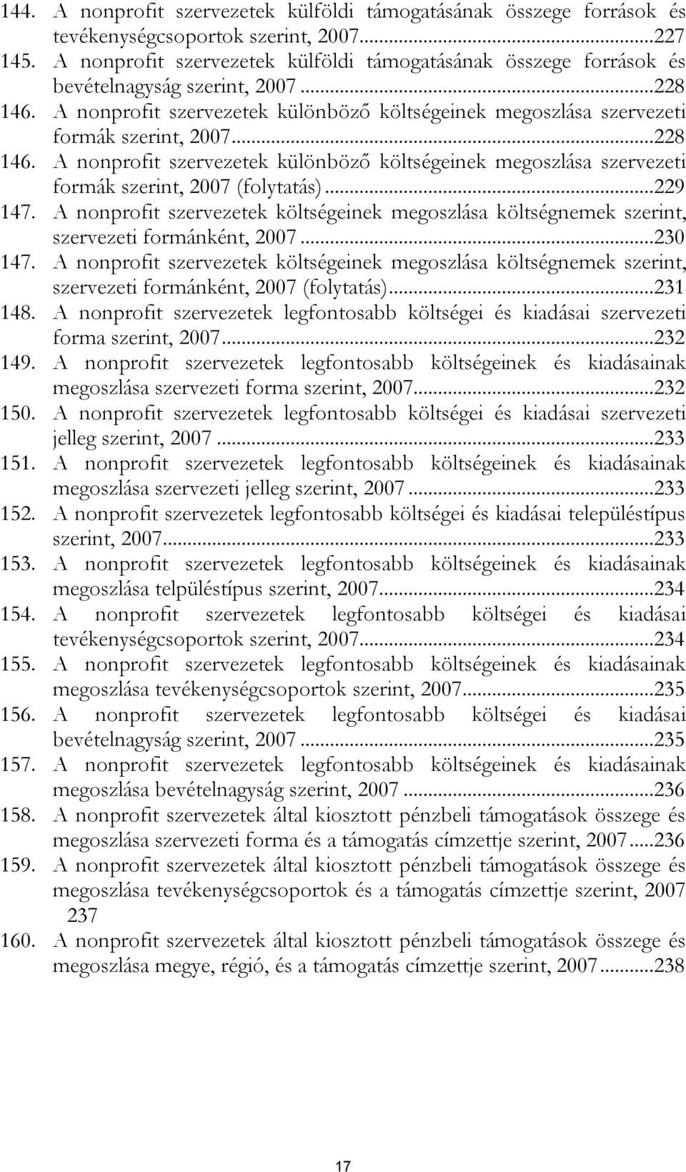 ..228 146. A nonprofit szervezetek különböző költségeinek megoszlása szervezeti formák szerint, 2007 (folytatás)...229 147.