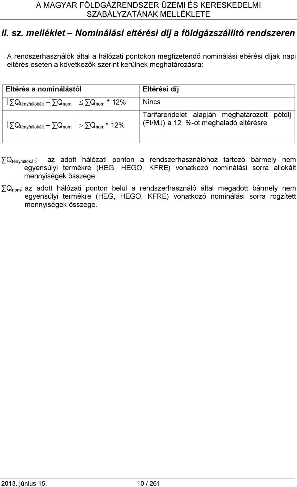 meghatározásra: Eltérés a nominálástól Q tény/allokált Q nom Q nom * 12% Q tény/allokált Q nom Q nom * 12% Eltérési díj Nincs Tarifarendelet alapján meghatározott pótdíj (Ft/MJ) a 12 %-ot meghaladó