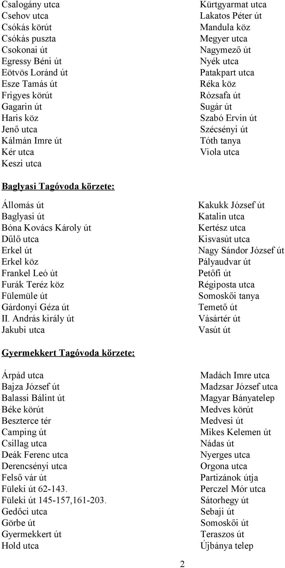 körzete: Állomás út Baglyasi út Bóna Kovács Károly út Dűlő utca Erkel út Erkel köz Frankel Leó út Furák Teréz köz Fülemüle út Gárdonyi Géza út II.