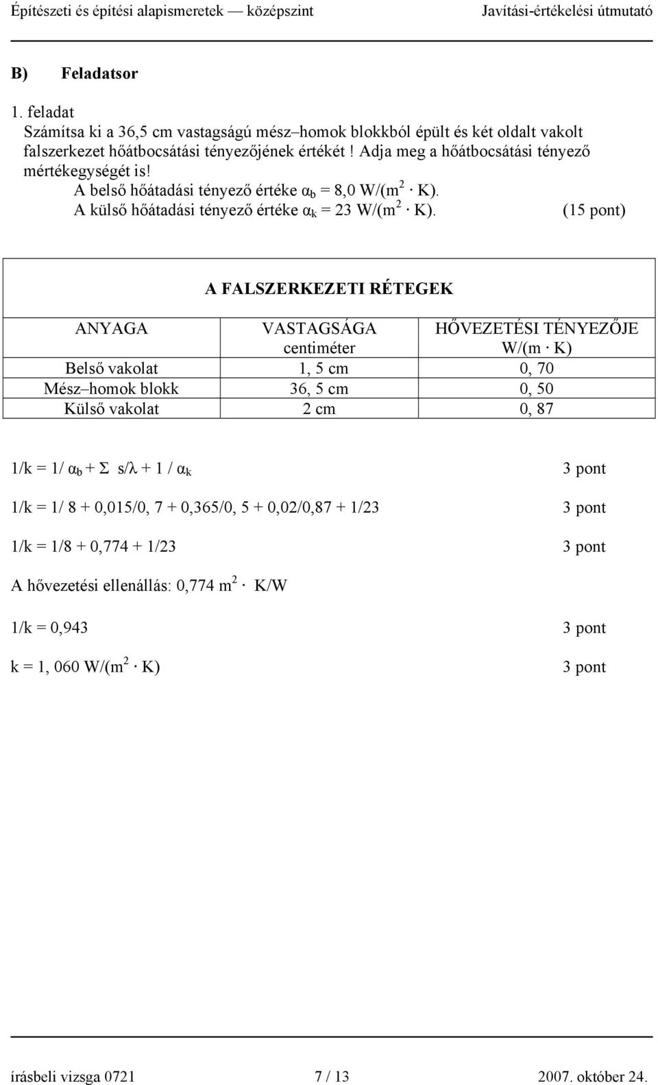 (15 pont) A FALSZERKEZETI RÉTEGEK ANYAGA VASTAGSÁGA centiméter HŐVEZETÉSI TÉNYEZŐJE W/(m K) Belső vakolat 1, 5 cm 0, 70 Mész homok blokk 36, 5 cm 0, 50 Külső vakolat 2 cm 0, 87 1/k = 1/ α