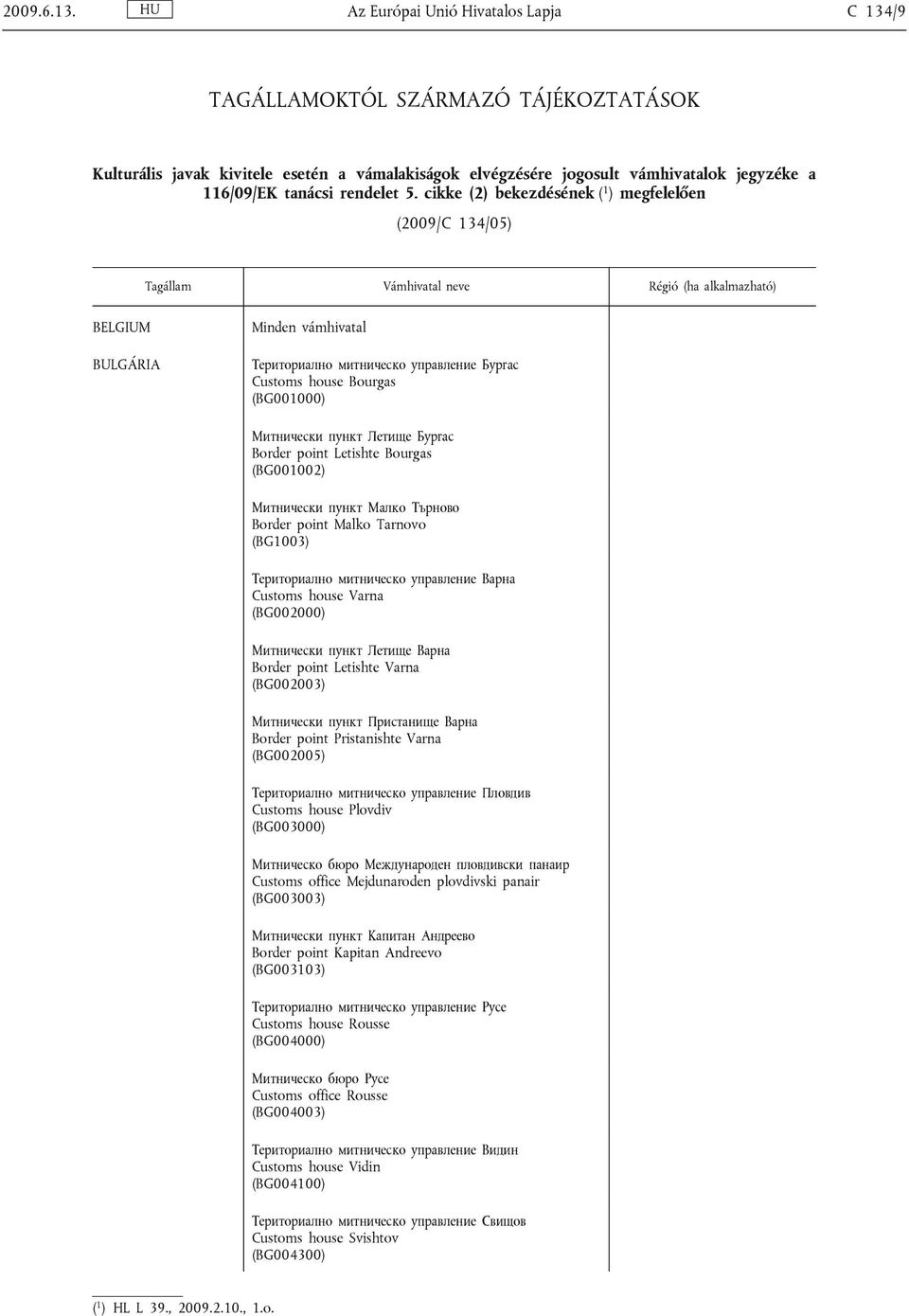 5. cikke (2) bekezdésének ( 1 ) megfelelően (2009/C 134/05) BELGIUM BULGÁRIA Териториално митническо управление Бургас Customs house Bourgas (BG001000) Митнически пункт Летище Бургас Border point