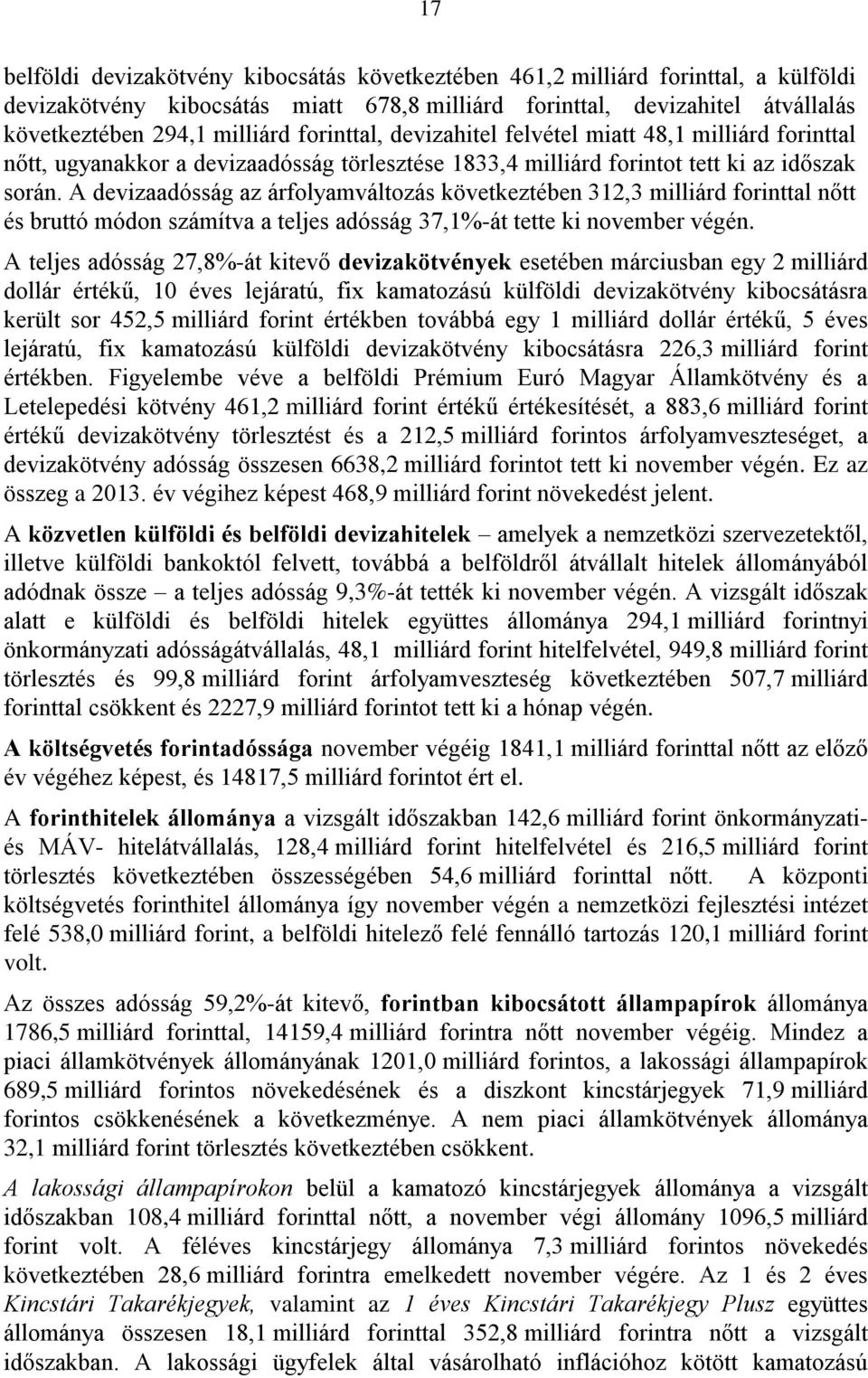 A devizaadósság az árfolyamváltozás következtében 312,3 milliárd forinttal nőtt és bruttó módon számítva a teljes adósság 37,1%-át tette ki november végén.