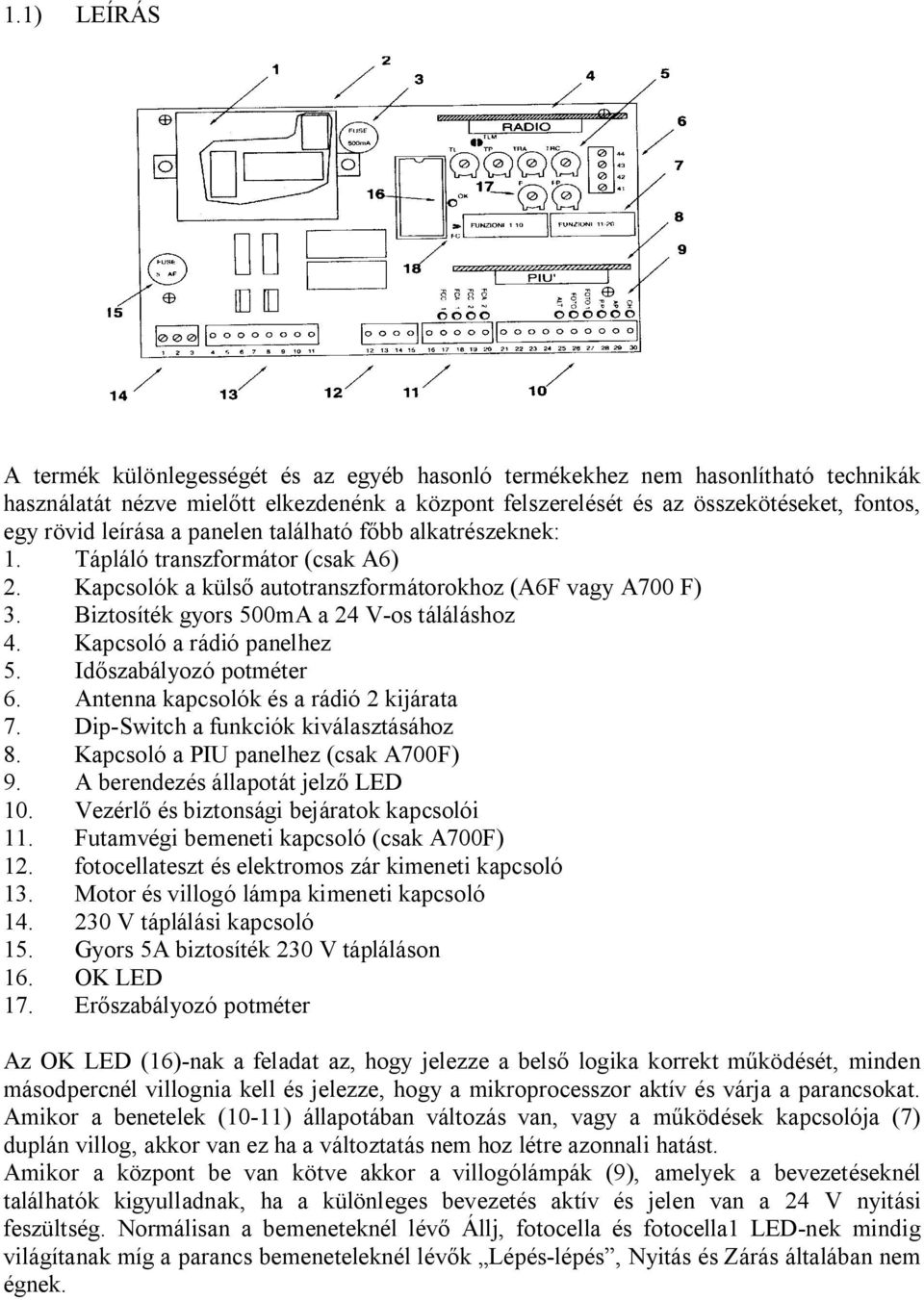 Kapcsoló a rádió panelhez 5. Id szabályozó potméter 6. Antenna kapcsolók és a rádió 2 kijárata 7. Dip-Switch a funkciók kiválasztásához 8. Kapcsoló a PIU panelhez (csak A700F) 9.