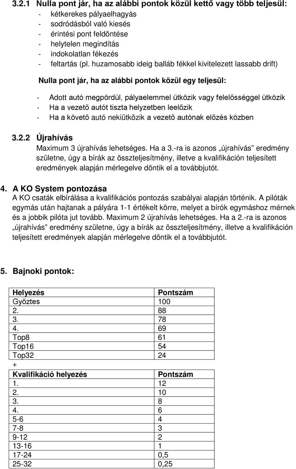 huzamosabb ideig balláb fékkel kivitelezett lassabb drift) Nulla pont jár, ha az alábbi pontok közül egy teljesül: - Adott autó megpördül, pályaelemmel ütközik vagy felelősséggel ütközik - Ha a