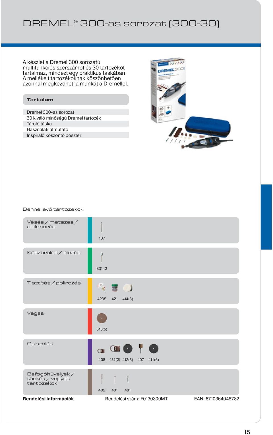 Tartalom Dremel 300-as sorozat 30 kiváló minőségű Dremel tartozék Tároló táska Használati útmutató Inspiráló köszöntő poszter Benne lévő tartozékok Vésés /