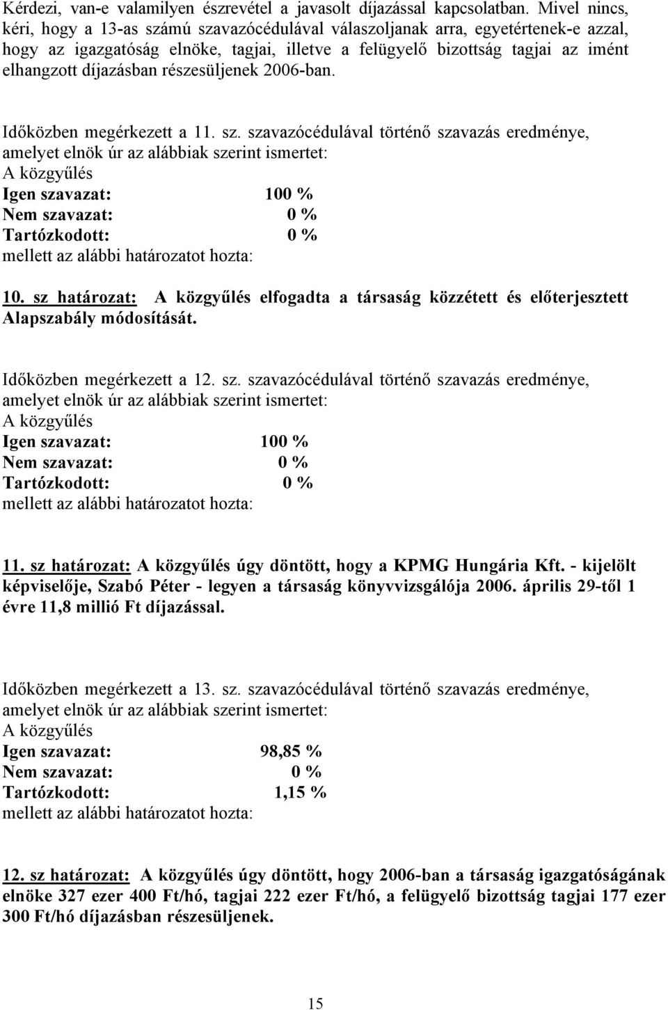 díjazásban részesüljenek 2006-ban. Időközben megérkezett a 11. sz. szavazócédulával történő szavazás eredménye, 10.
