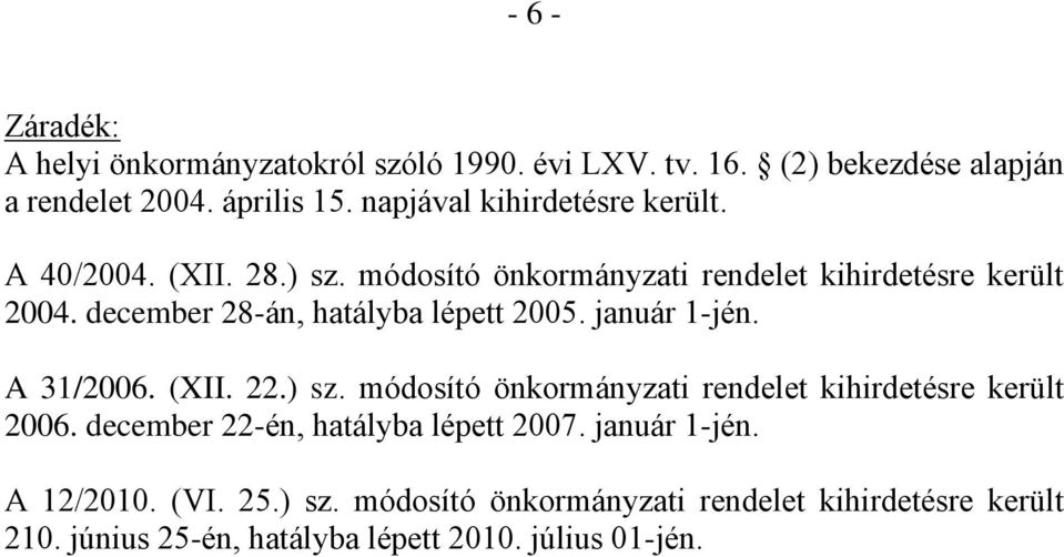 december 28-án, hatályba lépett 2005. január 1-jén. A 31/2006. (XII. 22.) sz. módosító önkormányzati rendelet kihirdetésre került 2006.