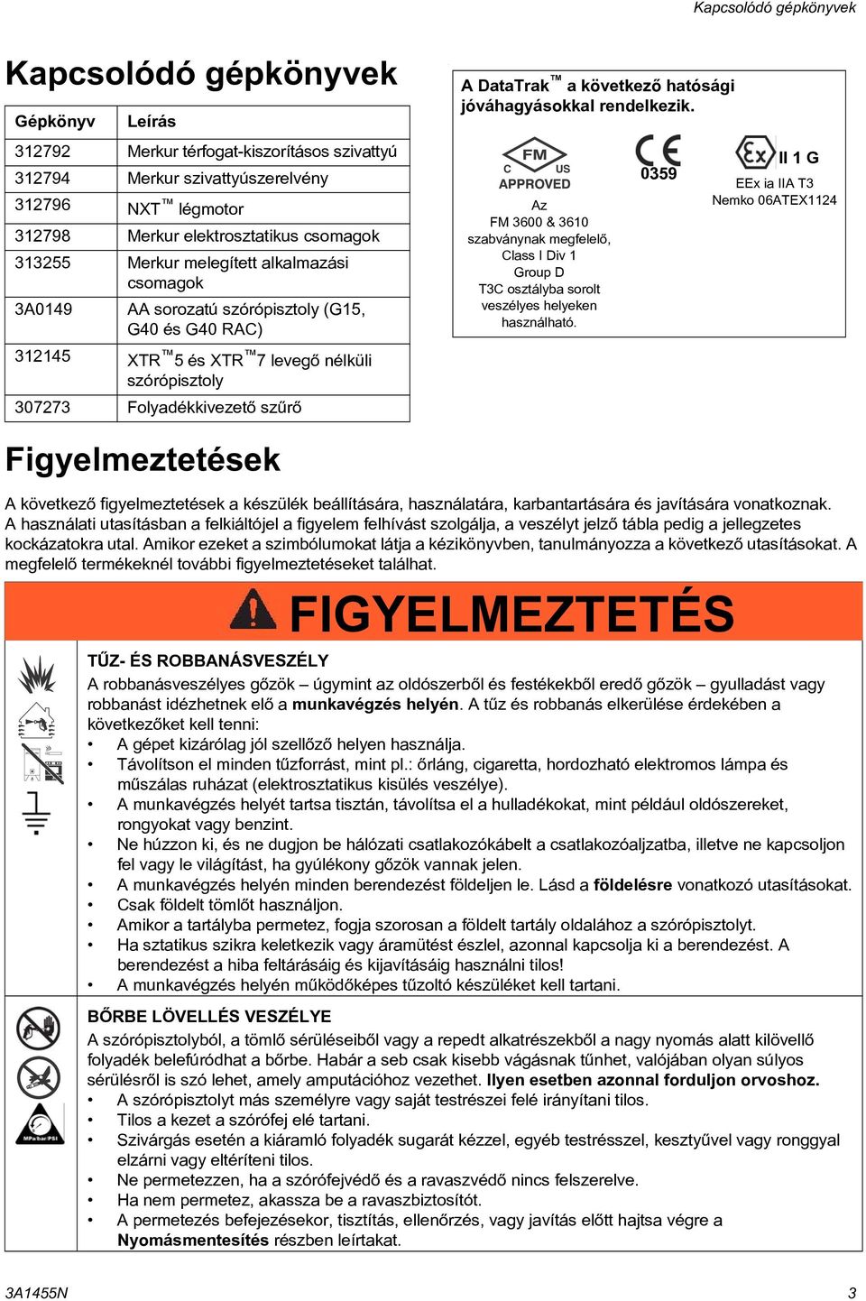 A DataTrak a következõ hatósági jóváhagyásokkal rendelkezik. Az FM 3600 & 360 szabványnak megfelelõ, Class I Div Group D T3C osztályba sorolt veszélyes helyeken használható.