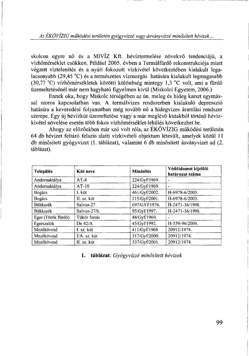 legmagasabb (30,77 C) vízhőmérsékletek közötti különbség mintegy 1,3 C volt, ami a fürdő üzemeltetésénél már nem hagyható figyelmen kívül (Miskolci Egyetem, 2006.