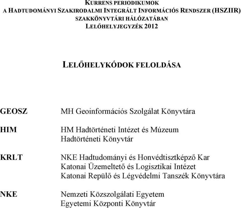 Hadtörténeti Intézet és Múzeum Hadtörténeti Könyvtár NKE Hadtudományi és Honvédtisztképző Kar Katonai Üzemeltető