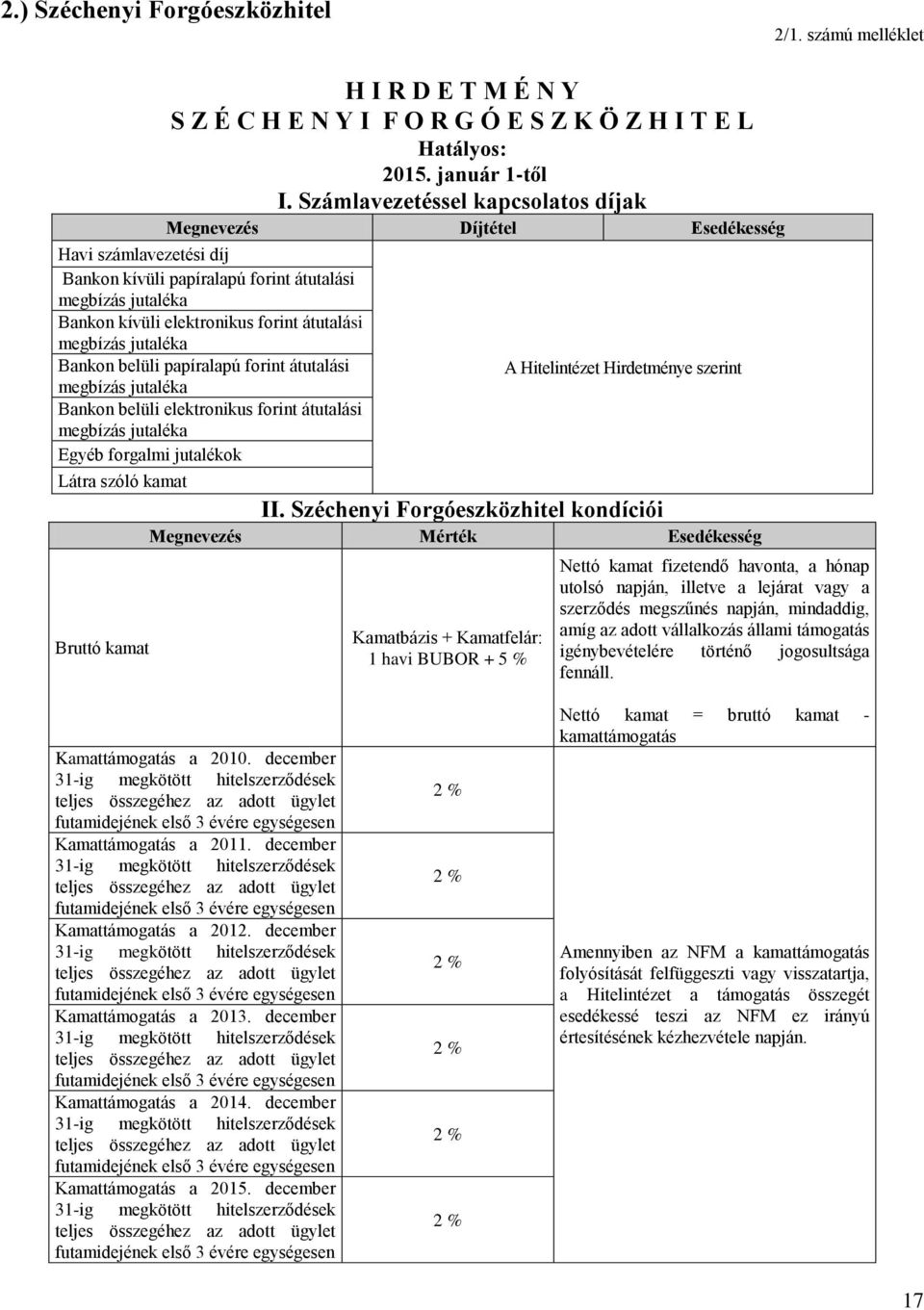 papíralapú forint átutalási Bankon belüli elektronikus forint átutalási Egyéb forgalmi jutalékok Látra szóló kamat Bruttó kamat A Hitelintézet Hirdetménye szerint II.