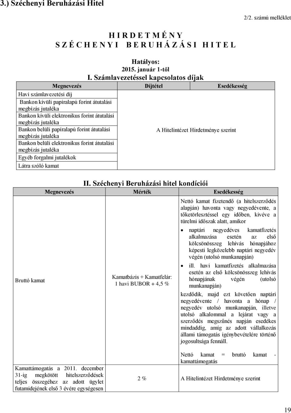 papíralapú forint átutalási Bankon belüli elektronikus forint átutalási Egyéb forgalmi jutalékok Látra szóló kamat Bruttó kamat A Hitelintézet Hirdetménye szerint II.