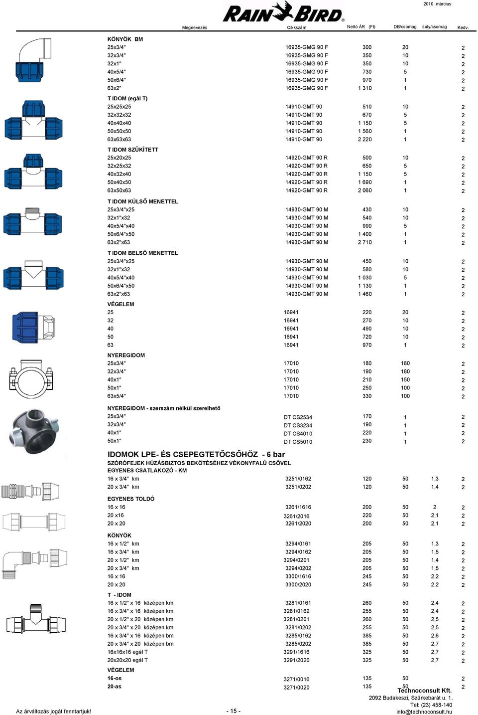 14920-GMT 90 R 500 10 2 32x25x32 14920-GMT 90 R 650 5 2 40x32x40 14920-GMT 90 R 1 150 5 2 50x40x50 14920-GMT 90 R 1 690 1 2 63x50x63 14920-GMT 90 R 2 060 1 2 T IDOM KÜLSŐ MENETTEL 25x3/4"x25