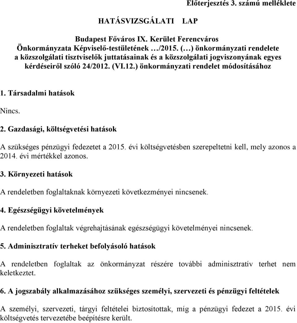 Társadalmi hatások Nincs. 2. Gazdasági, költségvetési hatások A szükséges pénzügyi fedezetet a 2015. évi költségvetésben szerepeltetni kell, mely azonos a 2014. évi mértékkel azonos. 3.