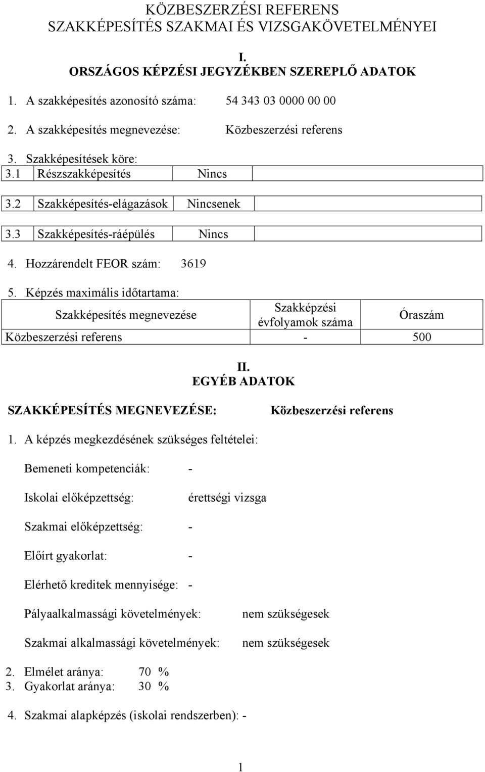 Hozzárendelt FEOR szám: 3619 5. Képzés maximális időtartama: Szakképesítés megnevezése Szakképzési évfolyamok száma Óraszám Közbeszerzési referens - 500 II.