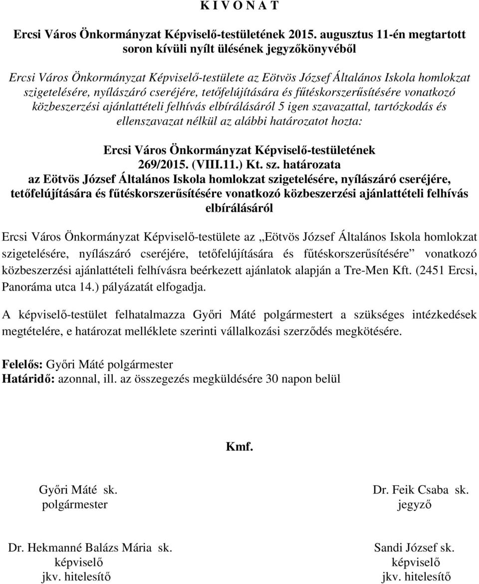 tetőfelújítására és fűtéskorszerűsítésére vonatkozó közbeszerzési ajánlattételi felhívás elbírálásáról 5 igen szavazattal, tartózkodás és ellenszavazat nélkül az alábbi határozatot hozta: Ercsi Város
