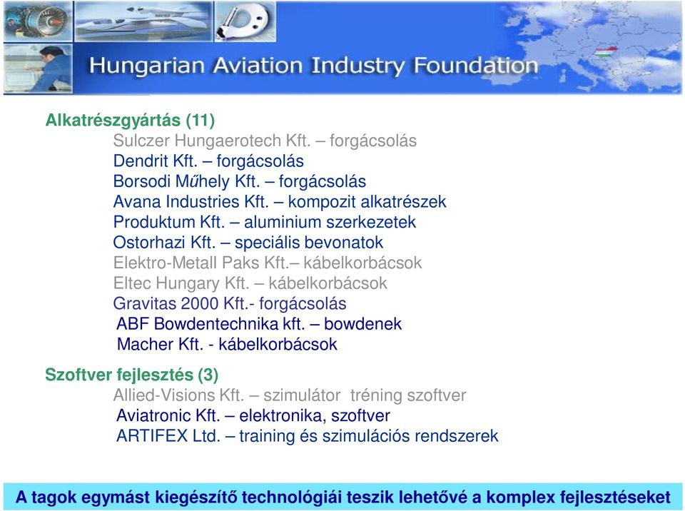 kábelkorbácsok Gravitas 2000 Kft.- forgácsolás ABF Bowdentechnika kft. bowdenek Macher Kft. - kábelkorbácsok Szoftver fejlesztés (3) Allied-Visions Kft.
