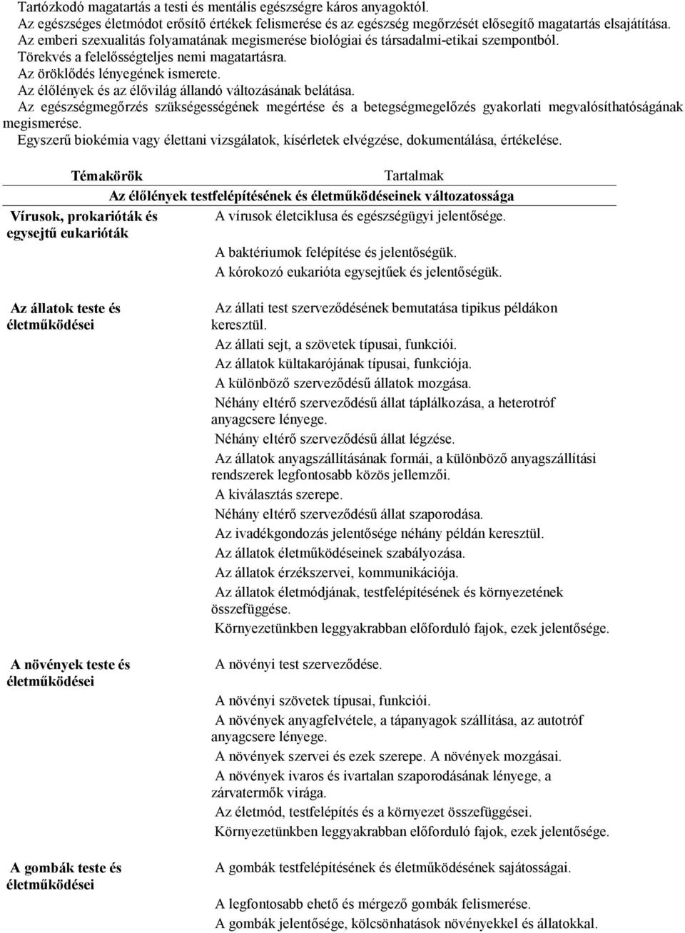 Az élılények és az élıvilág állandó változásának belátása. Az egészségmegırzés szükségességének megértése és a betegségmegelızés gyakorlati megvalósíthatóságának megismerése.